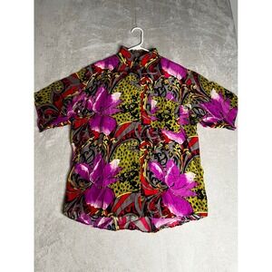 STUNT COLLECTIONS Silk Floral Print Button Up Shirt Women's Size M Flawed read*